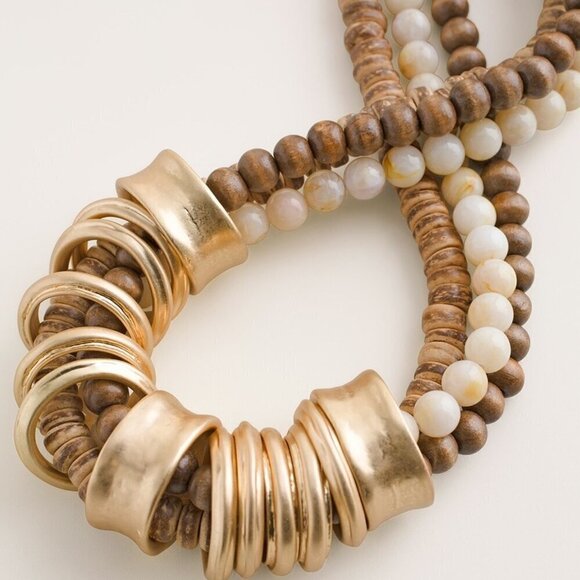 Chico's NWT Beaded Neutral Gold Tone Ring Bib Necklace - Picture 8 of 8